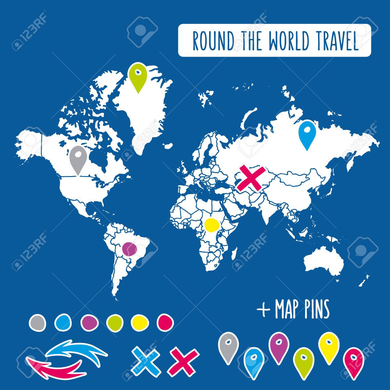 hand drawn world map with pins and arrows vector design cartoon style atlas illustration