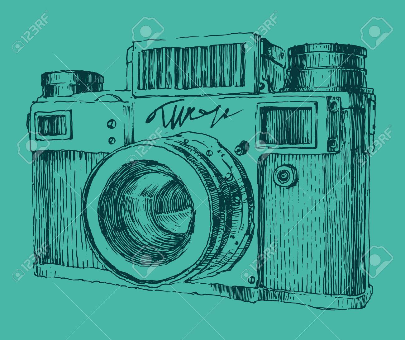 流行に敏感な写真のカメラ刻まれたレトロなスタイルの手描きのイラスト素材 ベクタ Image