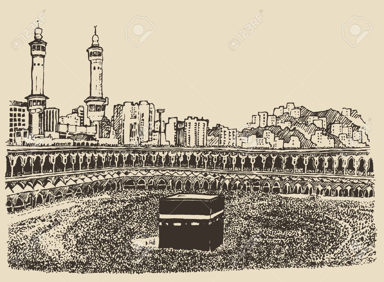 Holy Kaaba in Mecca Saudi Arabia with muslim people vintage engraved illustration hand drawn sketch - 42280756 Holy Kaaba in Mecca Saudi Arabia with muslim people vintage engraved illustration hand drawn sketch - 42280756