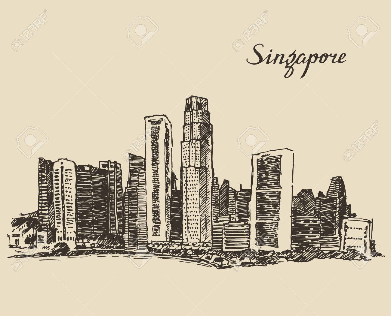 シンガポール大都市建築ヴィンテージ刻まれたイラスト手描きスケッチ シンガポール共和国 のイラスト素材 ベクタ Image