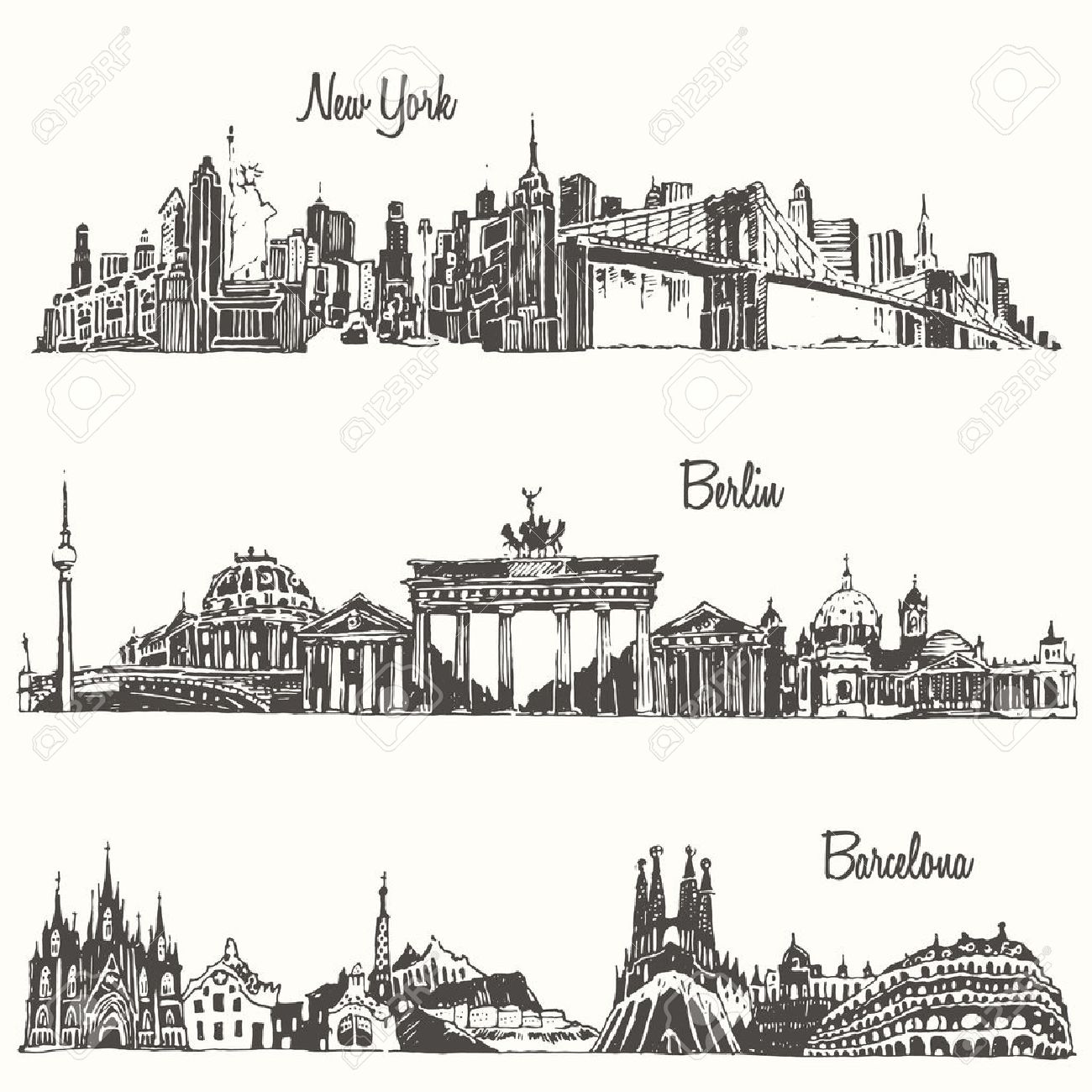 ベクトル イラスト手描きを刻まれたニューヨーク ベルリン バルセロナの都市の設定のイラスト素材 ベクタ Image