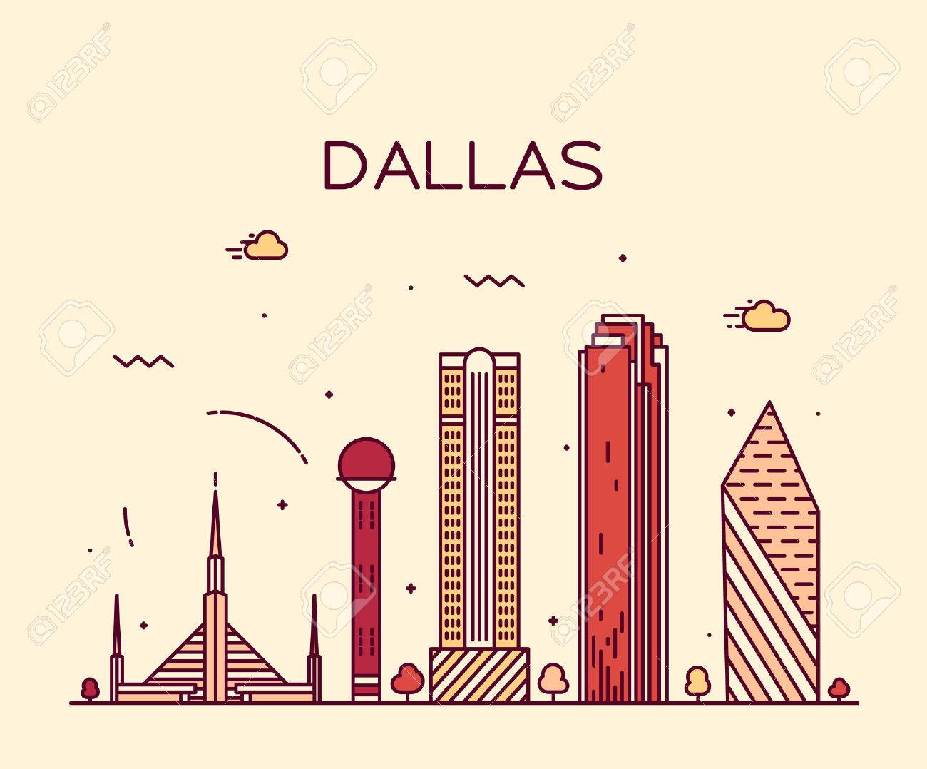 dallas skyline detailed silhouette trendy vector illustration