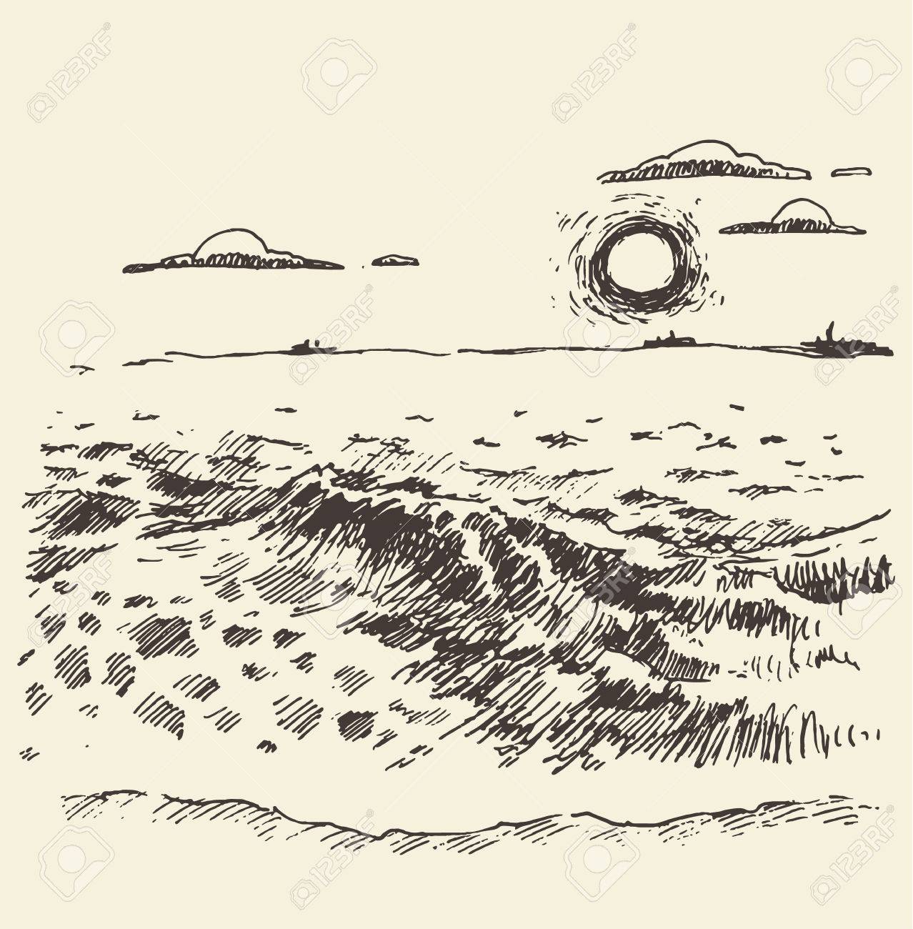 海と夕日のビンテージ ベクトル図スケッチの雲手描き風景 のイラスト素材 ベクタ Image