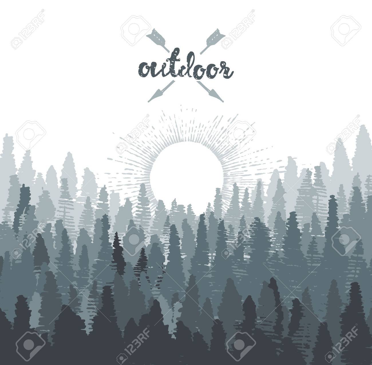 pine forest in mountains at sunrise design template illustration