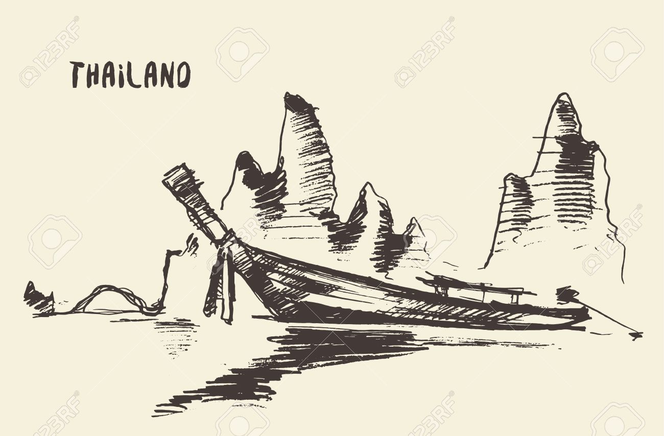 Sketch Of Traditional Longtail Boat Thailand Vector Illustration