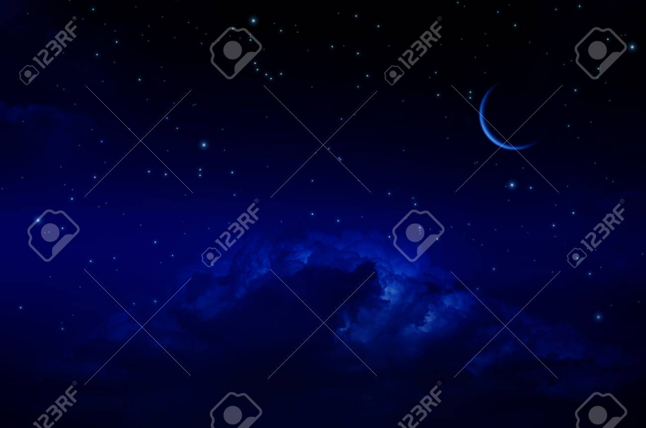 Night sky with stars and clouds. Thin arc moon. Dark blue tint - 62636537 Night sky with stars and clouds. Thin arc moon. Dark blue tint - 62636537