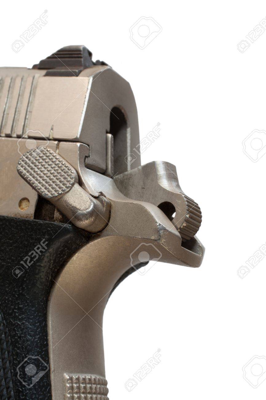 ハンマーと白で隔離半自動拳銃を背 の写真素材 画像素材 Image