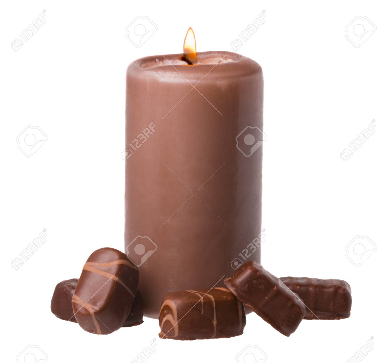 Chocolate Scented Candle With Chocolate Candies On White Background Stock Photo Picture And Royalty Free Image Image 85349463