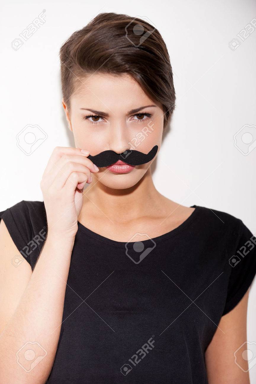 Just For Fun Portrait Of Beautiful Young Short Hair Woman Holding