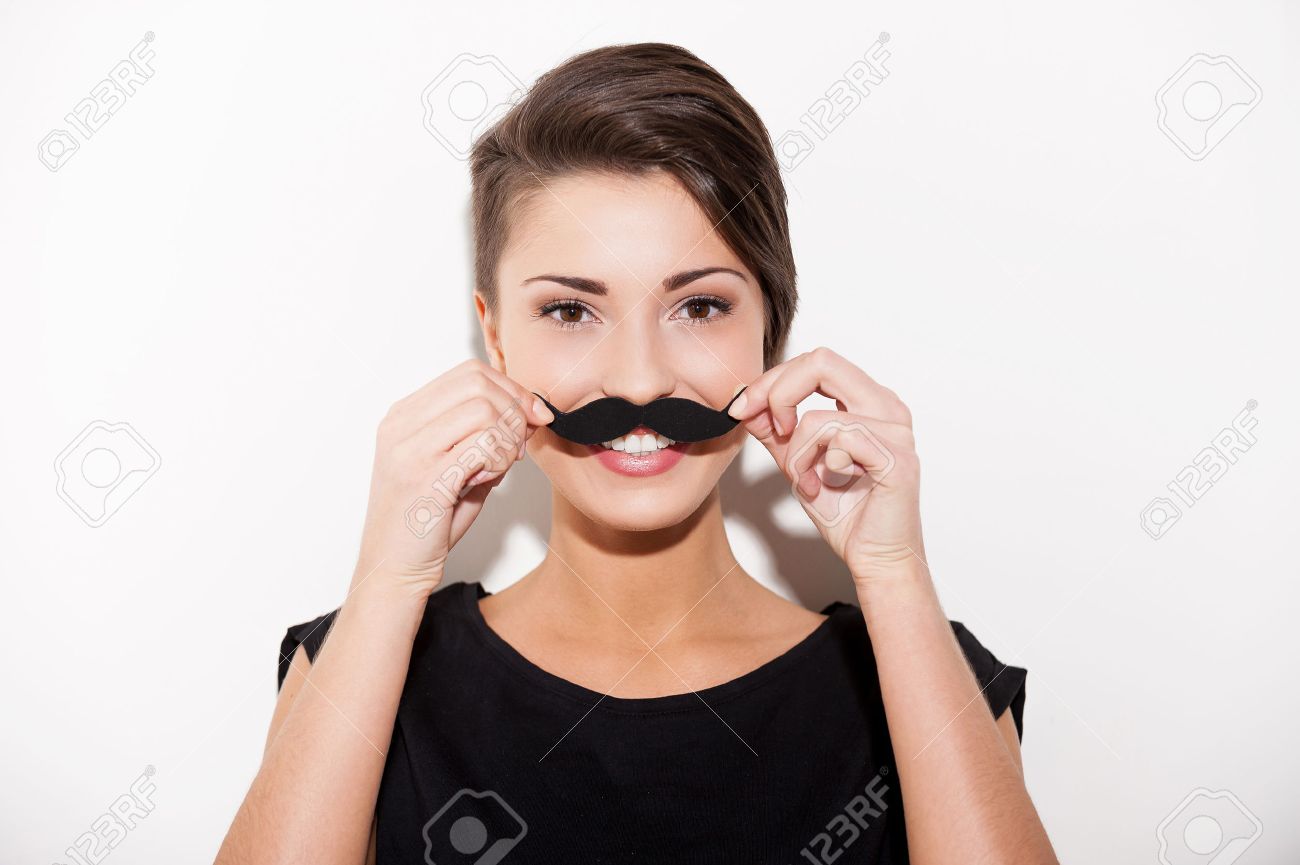 Just Having Fun Beautiful Young Short Hair Woman Holding Fake