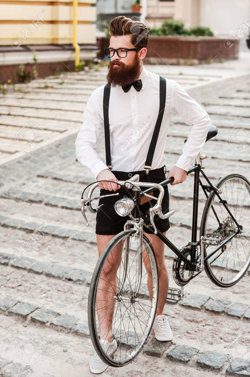 Hipster With Bicycle. Full Length Of Handsome Young Bearded Man ...