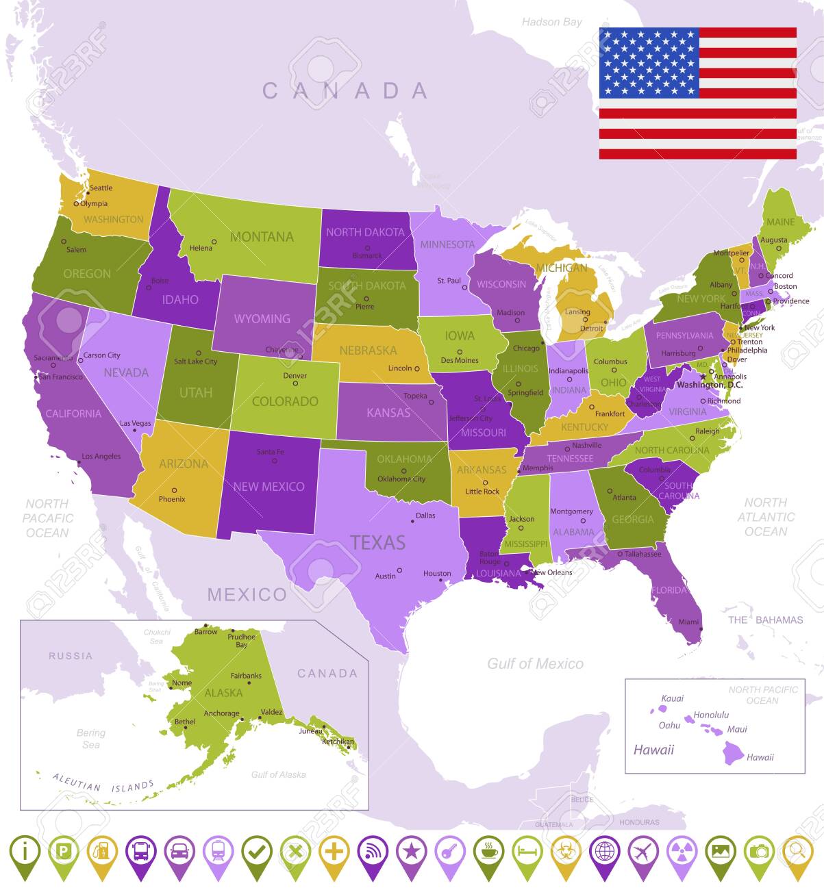 플래그, 지역 및 국가의 국경이 있는 미국의 상세한 지도. 보라색, 노란색, 녹색. 벡터 일러스트 레이 션 로열티 무료 사진, 그림,  이미지 그리고 스톡포토그래피. Image 144306229
