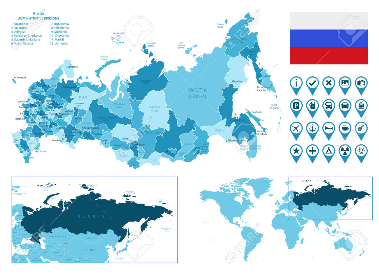 Russia map with flag of country