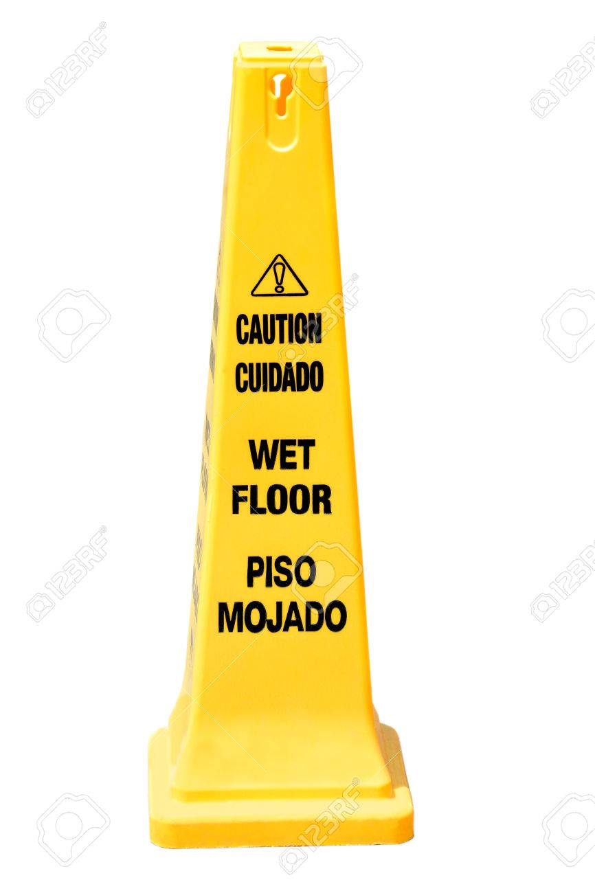Yellow Cone Cautioning For Wet Floor In English And Spanish