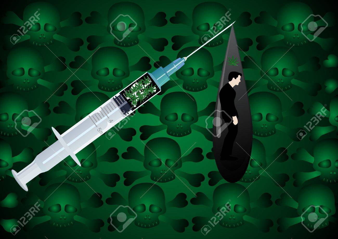 頭蓋骨と骨の緑の背景 内部を描いた男ドラッグ アンド ドロップ麻酔薬と注射薬を使用してください のイラスト素材 ベクタ Image