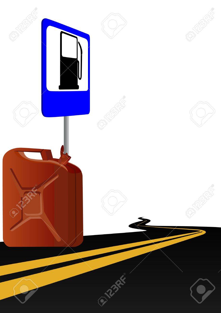 交通標識や道路の距離に消えます 記号はガソリンのキャニスター近くに立っています のイラスト素材 ベクタ Image