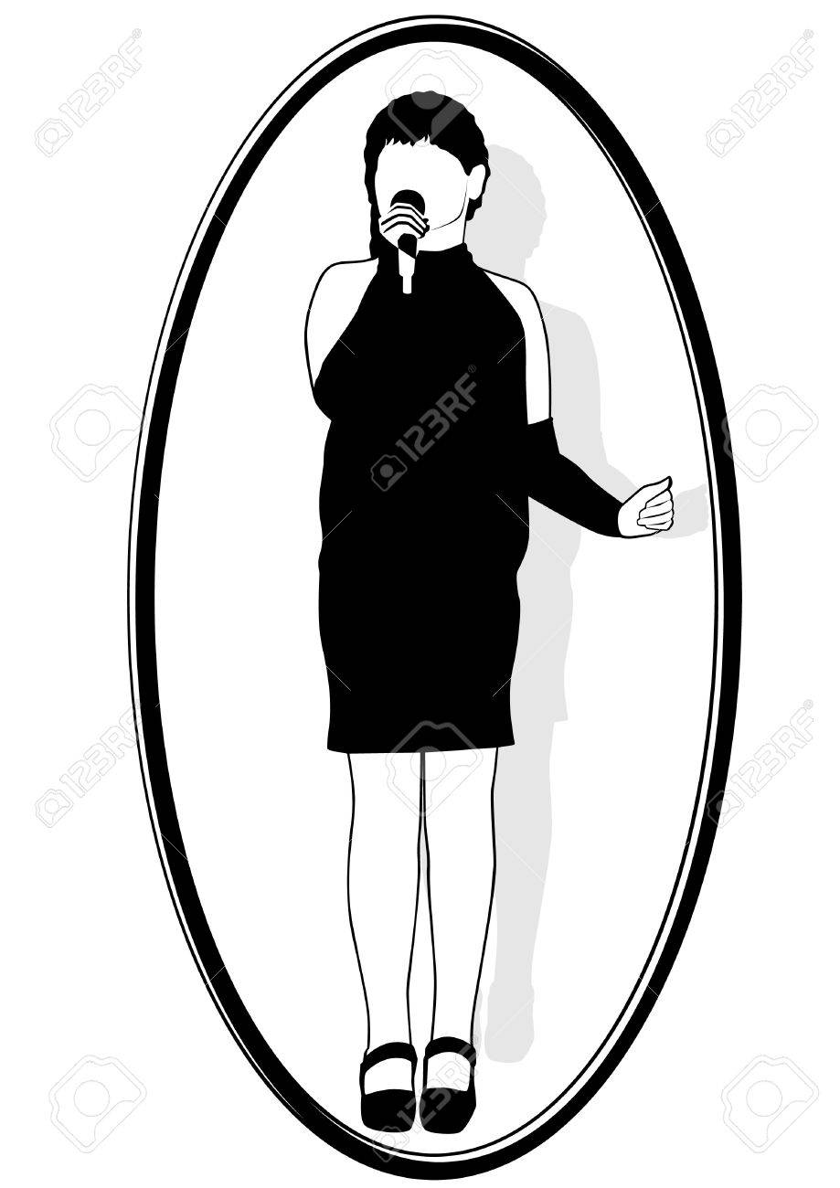 女性とのマイク スタンドを歌う 黒と白のイラスト のイラスト素材 ベクタ Image