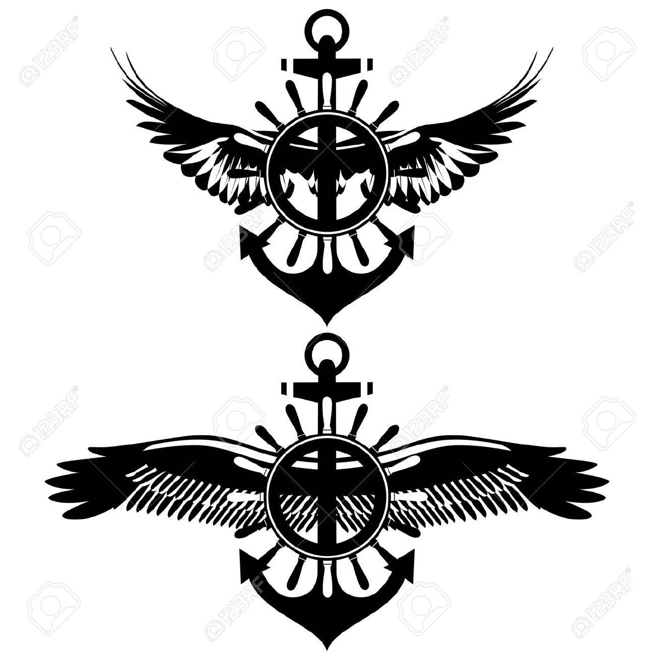 Badge With Wings Wheel And Anchor Black And White Illustration Royalty Free Cliparts Vectors And Stock Illustration Image 18413954