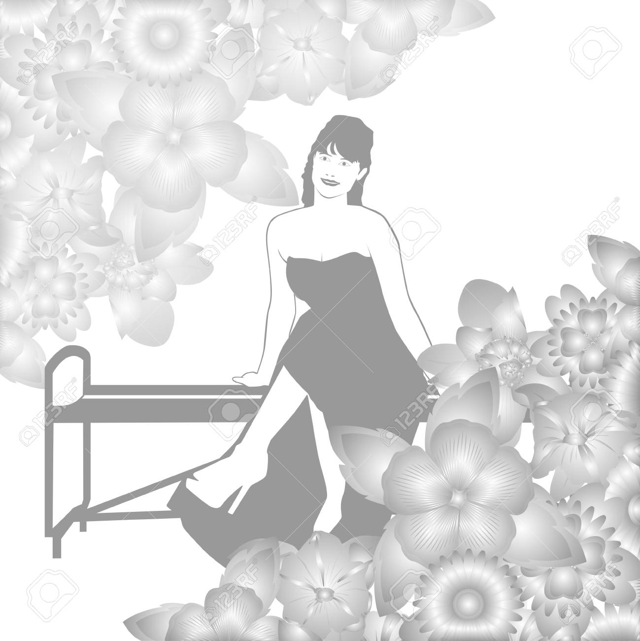 花に囲まれてのベンチに座っていた若い女性の抽象的なイメージ 白のイラスト のイラスト素材 ベクタ Image