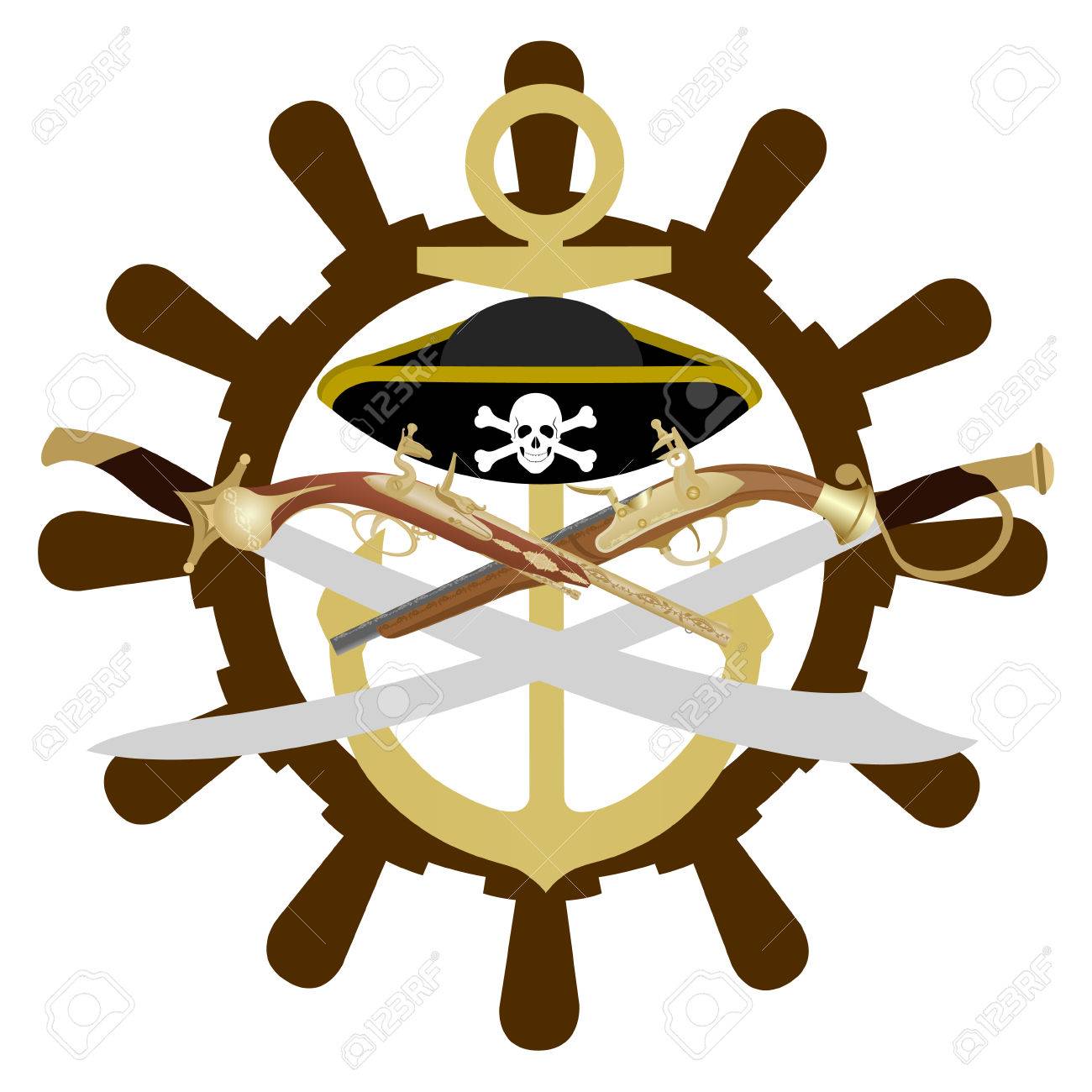 船舵の背景に帽子 アンカーおよび骨董品の武器 白い背景のイラスト のイラスト素材 ベクタ Image