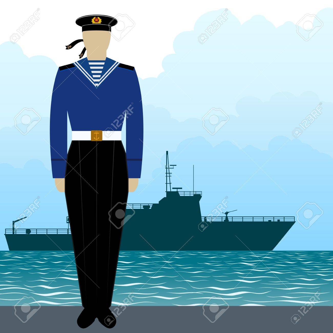 軍艦の背景に軍事船員の制服を着た兵士 白い背景のイラスト のイラスト素材 ベクタ Image 軍艦の背景に軍事船員の制服を着た兵士 白い背景のイラスト のイラスト素材 ベクタ Image