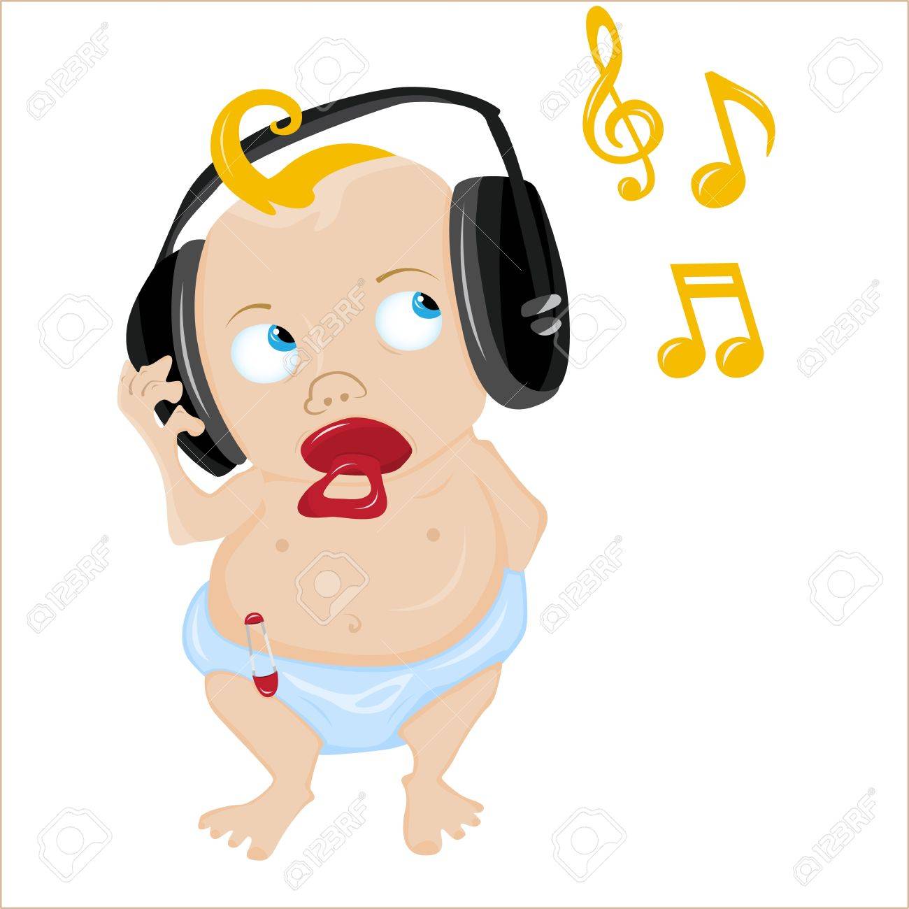 かわいい赤ちゃんのいくつかの音楽を聴きます 編集可能なイラスト のイラスト素材 ベクタ Image