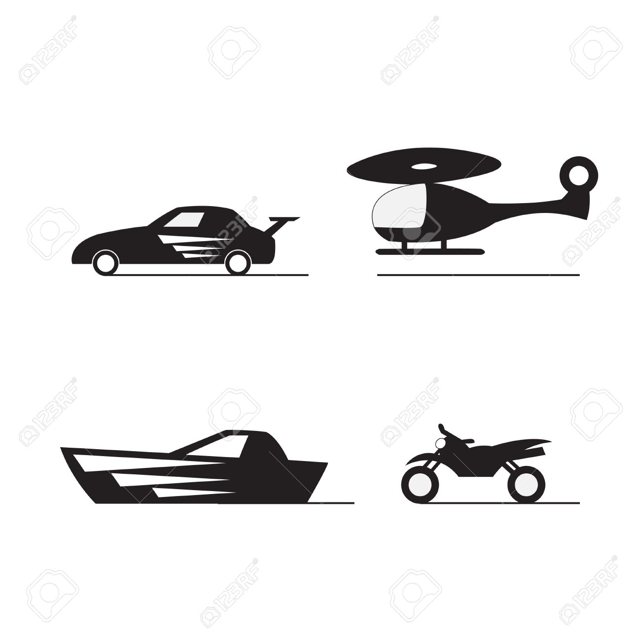 車 ボート オートバイ ヘリコプターのシルエットのイラスト素材 ベクタ Image