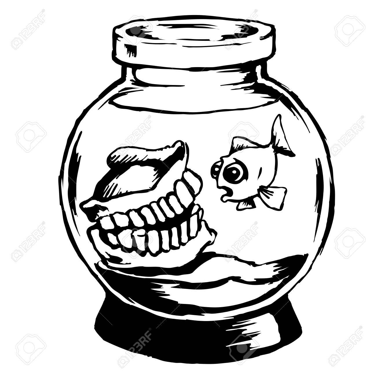 面白い水族館 入れ歯と単一の金魚と金魚鉢の黒と白のイラスト の写真素材 画像素材 Image