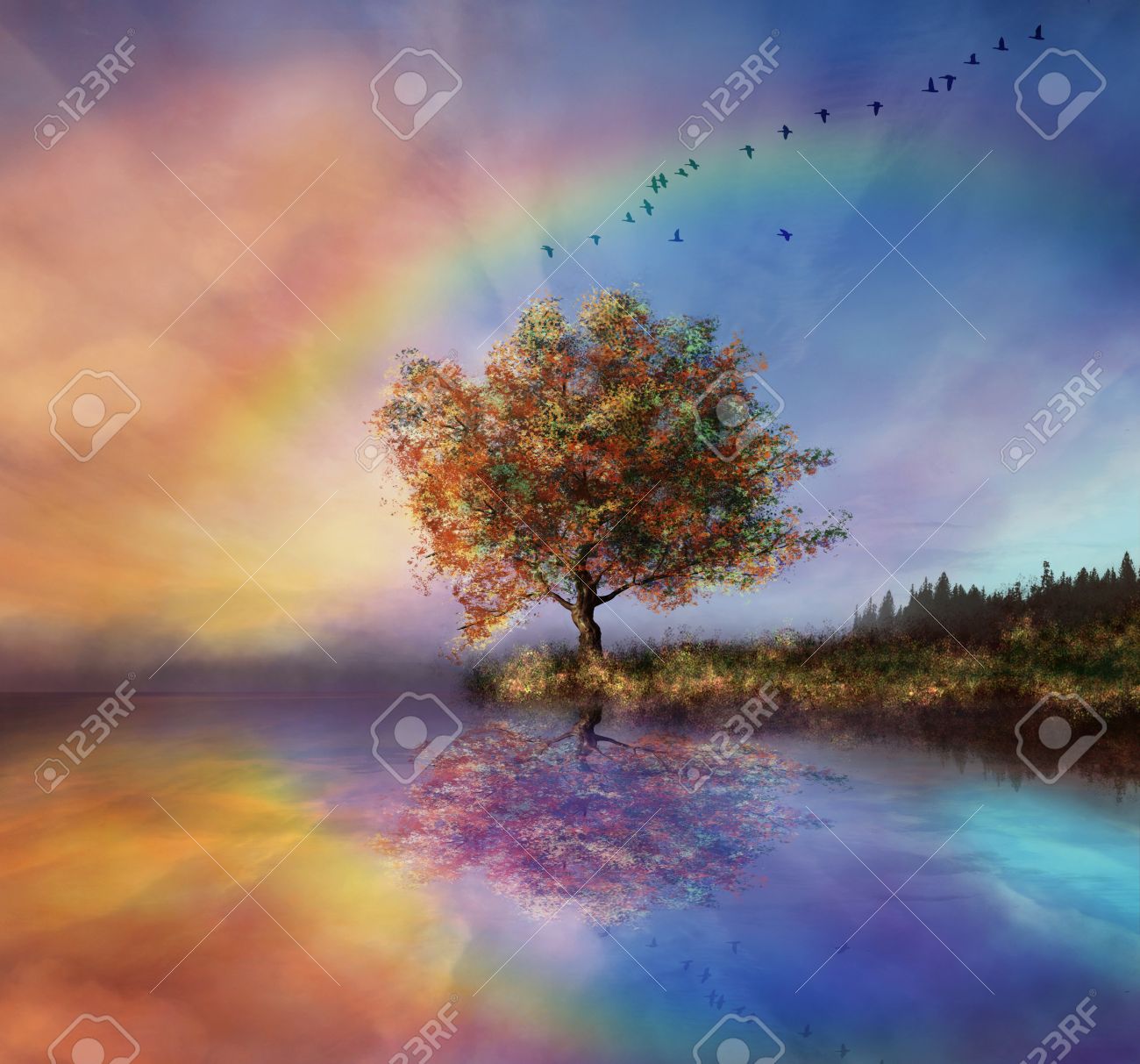 manipulated landscape with a flowered tree and rainbow - 27612944 manipulated landscape with a flowered tree and rainbow - 27612944