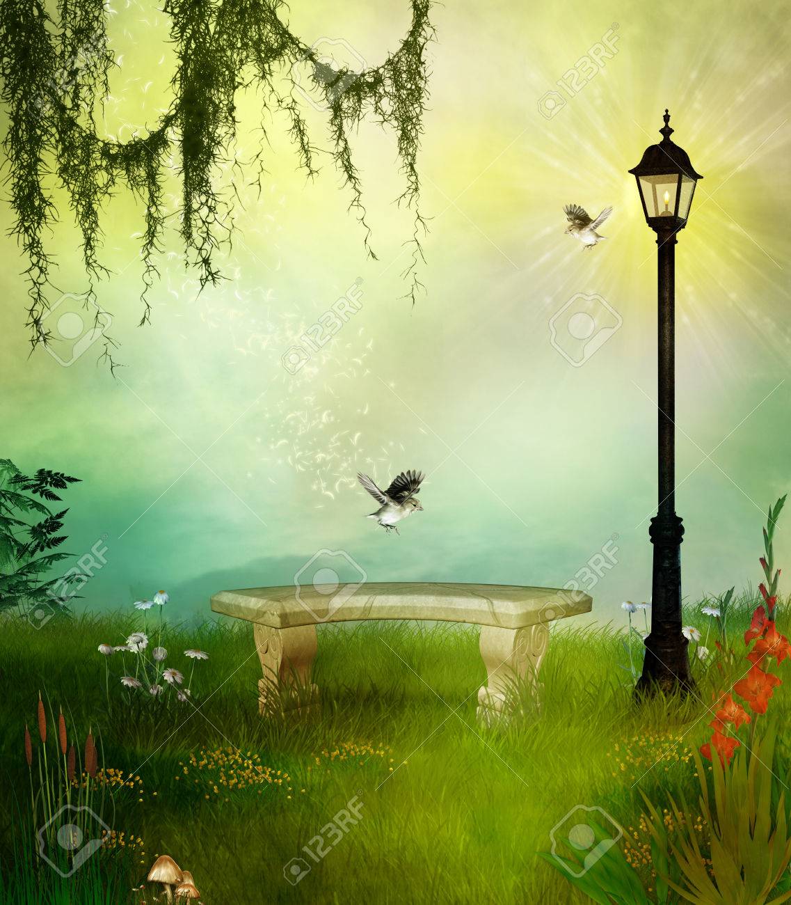 A bench in a fantasitc garden with a street lamp - 27612965 A bench in a fantasitc garden with a street lamp - 27612965