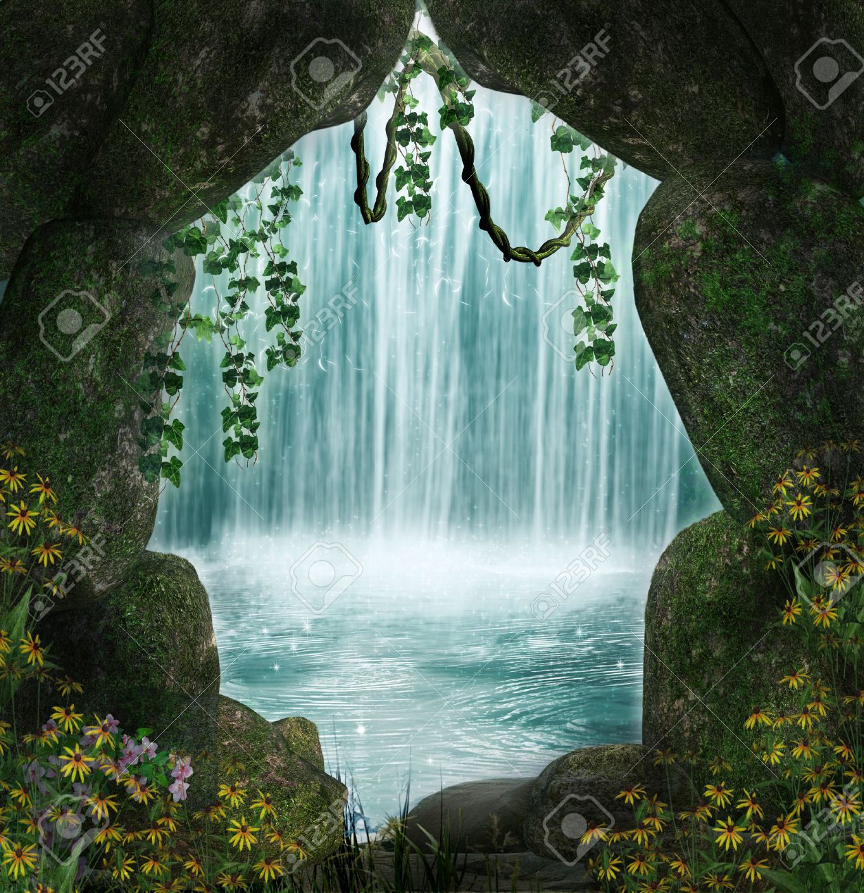 Fantastic cave and waterfall in the background - 27613546 Fantastic cave and waterfall in the background - 27613546