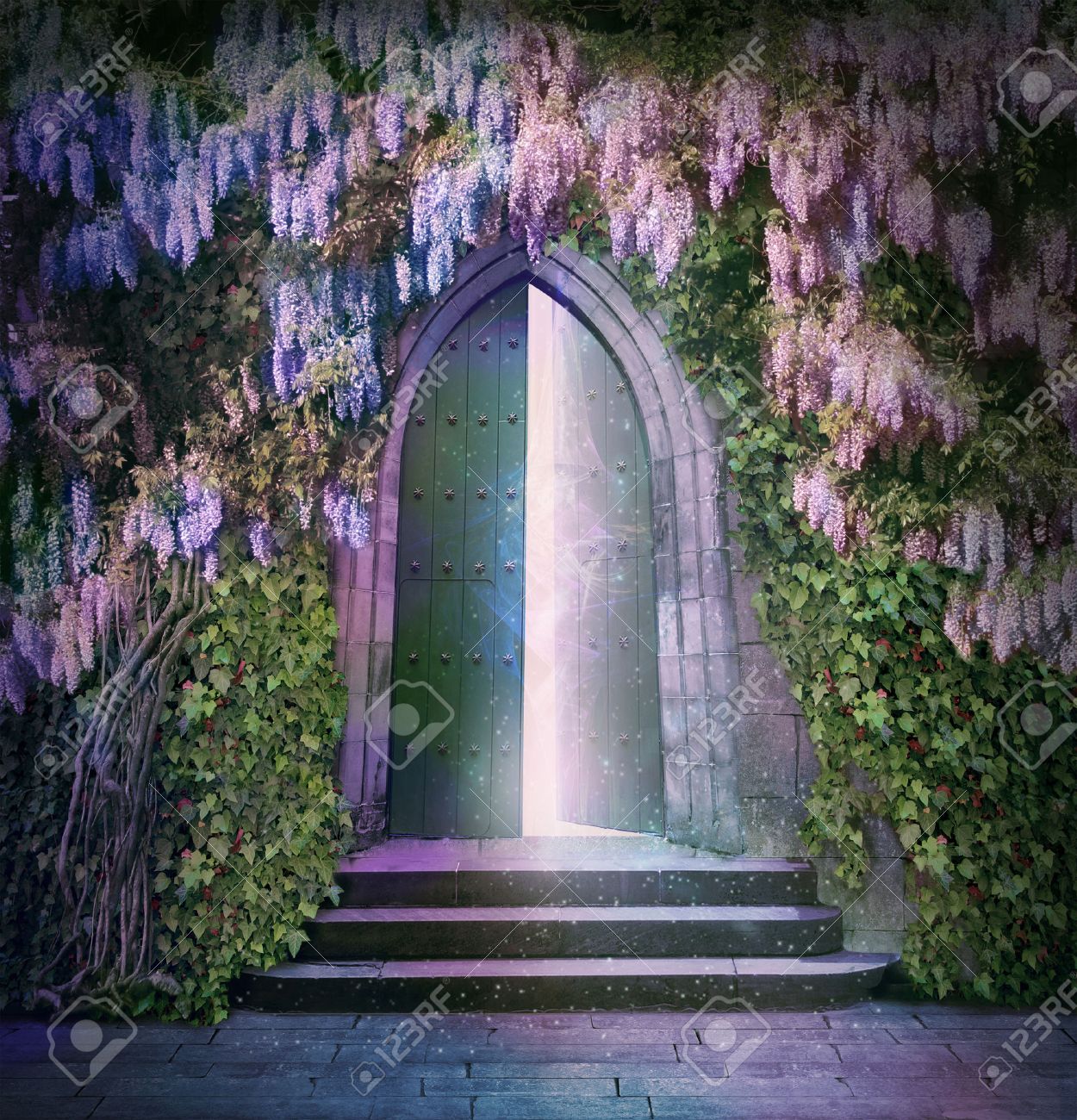 ancient door with mysterious lights in the night - 35597893 ancient door with mysterious lights in the night - 35597893