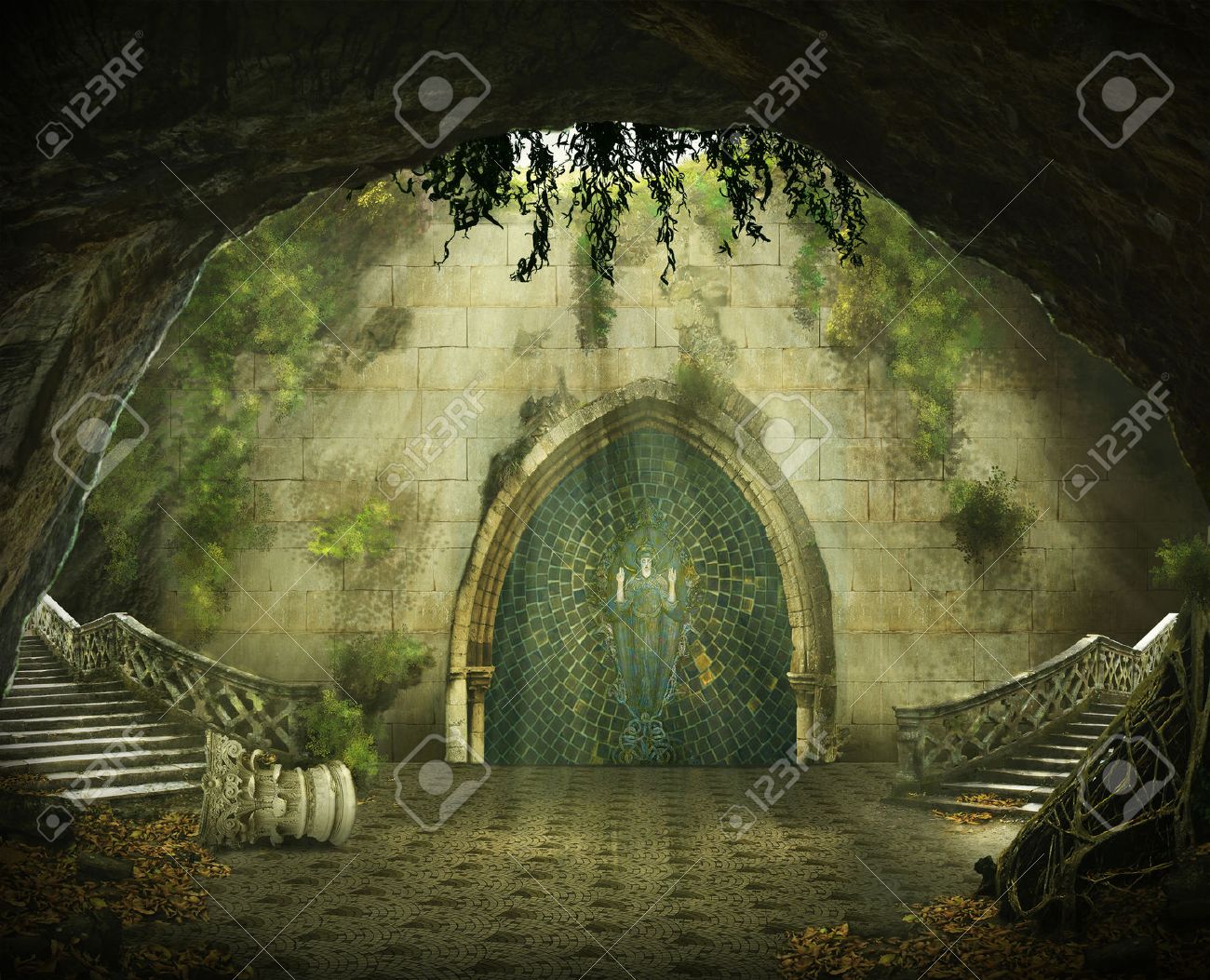 fantasy cave with a ruined castle inside, marble staircase and a painting - 40618973 fantasy cave with a ruined castle inside, marble staircase and a painting - 40618973