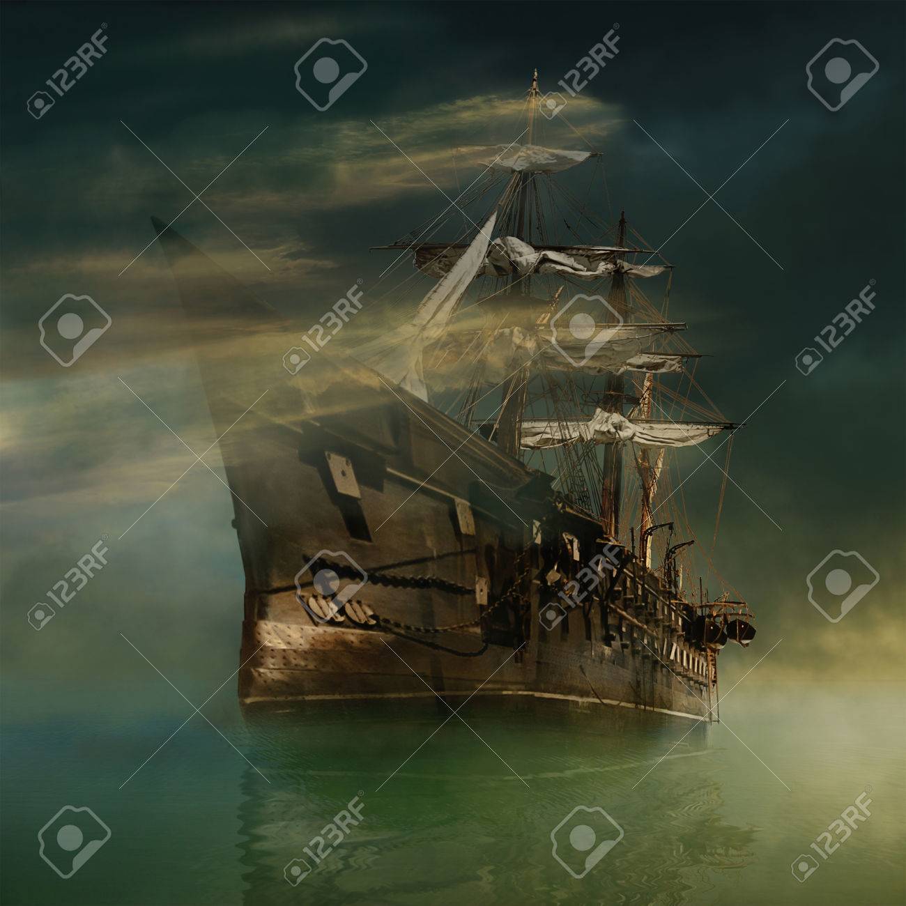 A phantasmagoric old ship sailing in calm waters - 40618976 A phantasmagoric old ship sailing in calm waters - 40618976