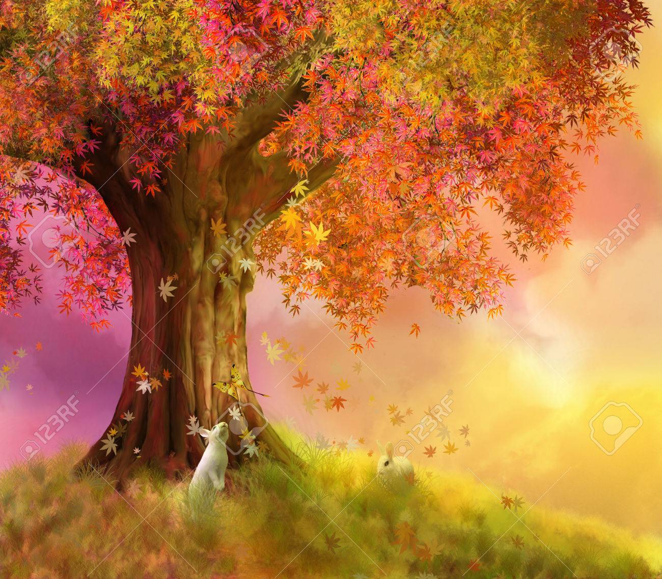 秋の日に大きな木と 2 匹のウサギのイラスト の写真素材 画像素材 Image