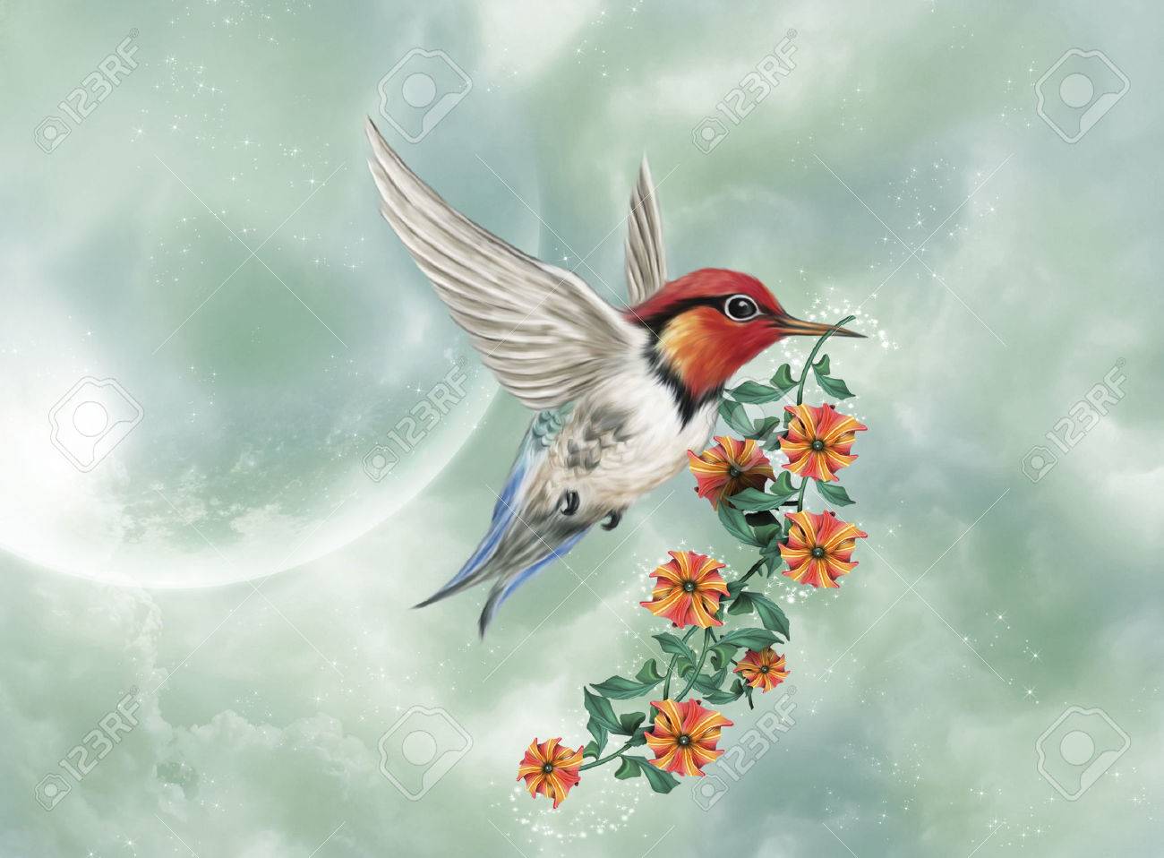 A little hummingbird is flying with a flowered branch - 46621952 A little hummingbird is flying with a flowered branch - 46621952