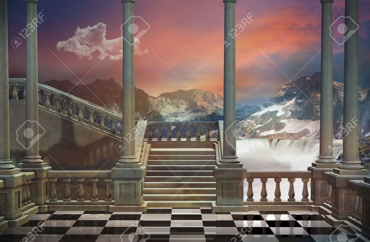 View of a castle balcony and a beautiful landscape with mountains and waterfall - 46622081 View of a castle balcony and a beautiful landscape with mountains and waterfall - 46622081