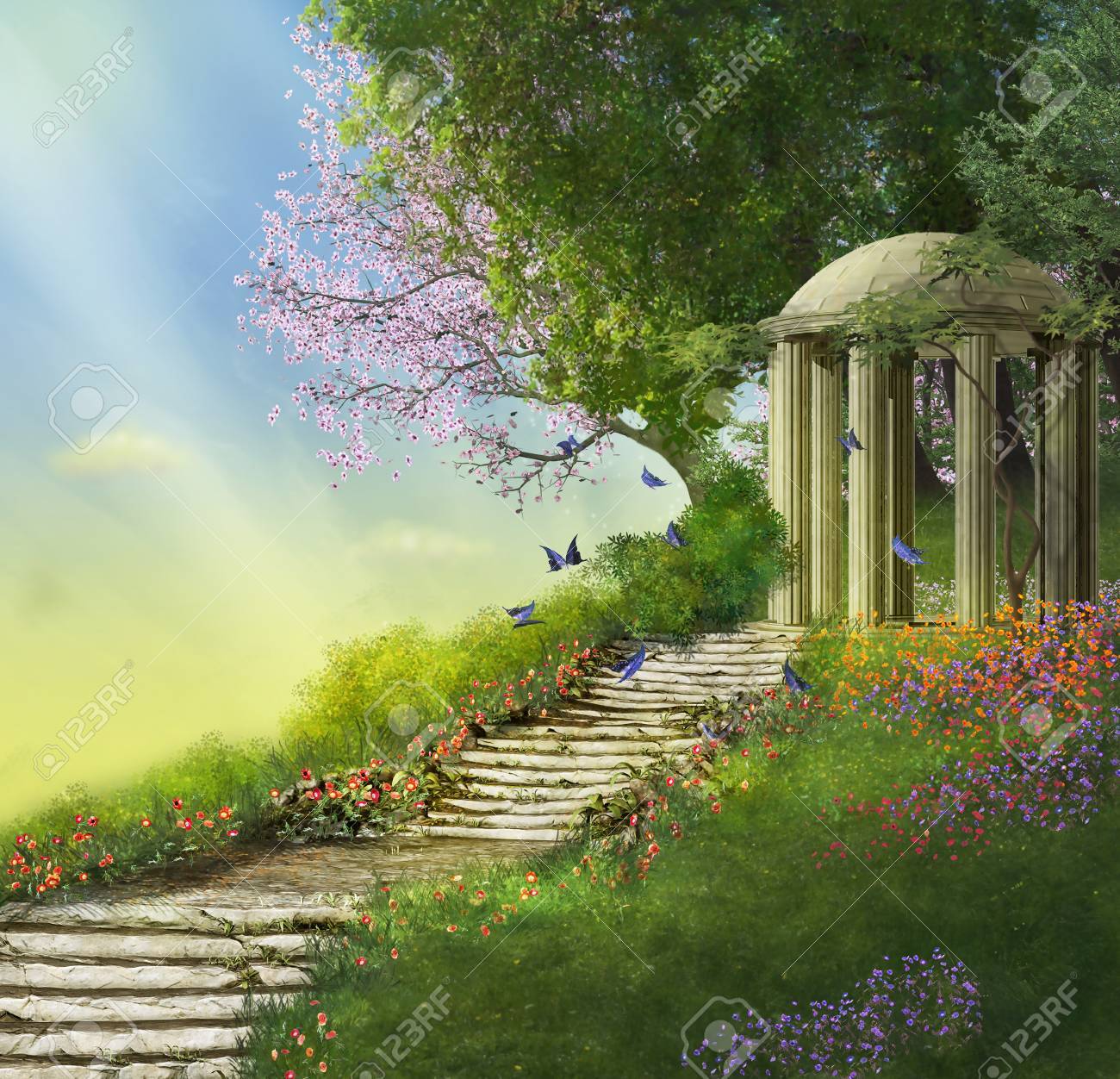 gazebo at the top of a hill with a stone stair and flowers - 56089299 gazebo at the top of a hill with a stone stair and flowers - 56089299