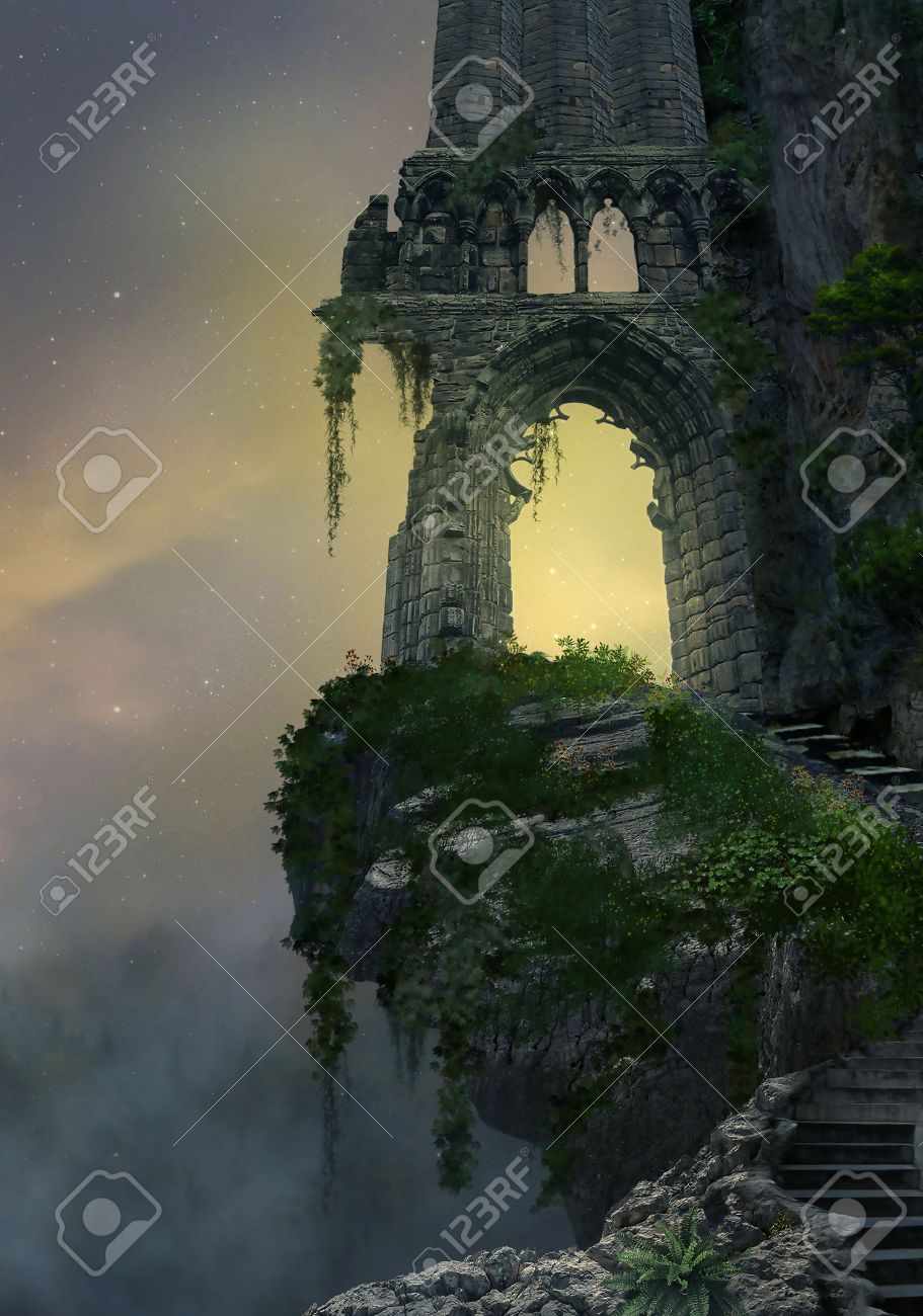 Fantasy gateway ruin in a mountain and landscape with fog - 63596950 Fantasy gateway ruin in a mountain and landscape with fog - 63596950