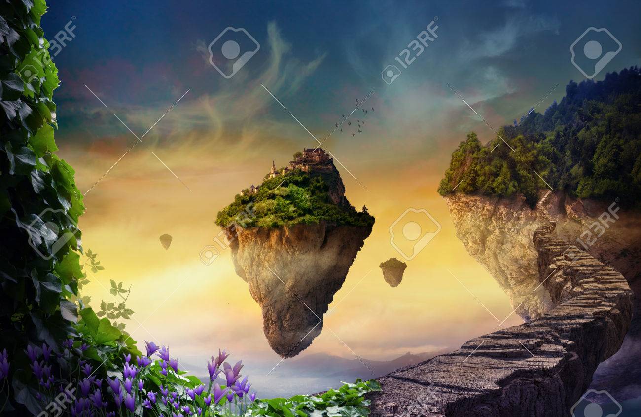 Floating islands with vegetation and magic castles - 82682169 Floating islands with vegetation and magic castles - 82682169