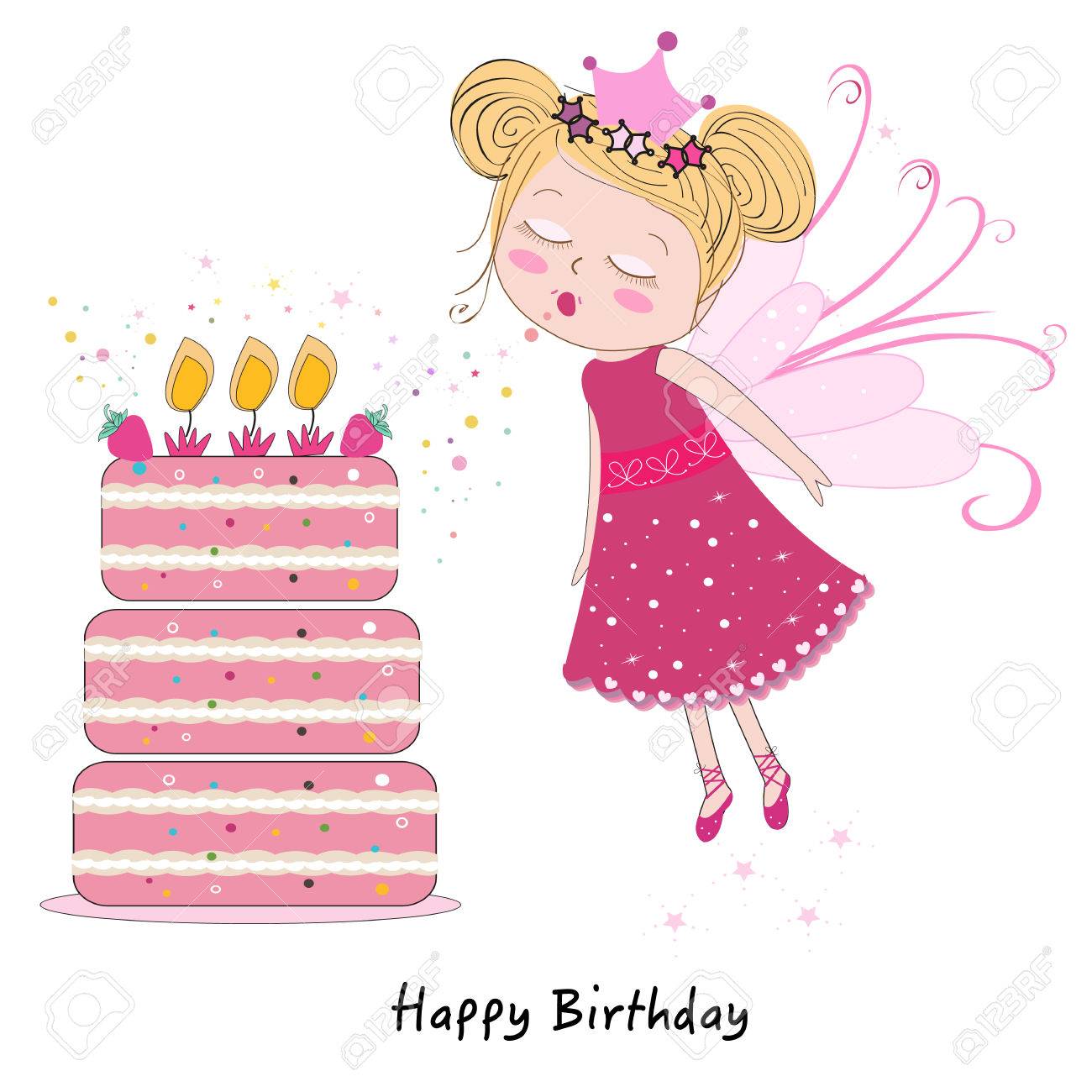 Fairy Girl Blowing Out Candles With Happy Birthday Cake Royalty Free Cliparts Vectors And Stock Illustration Image