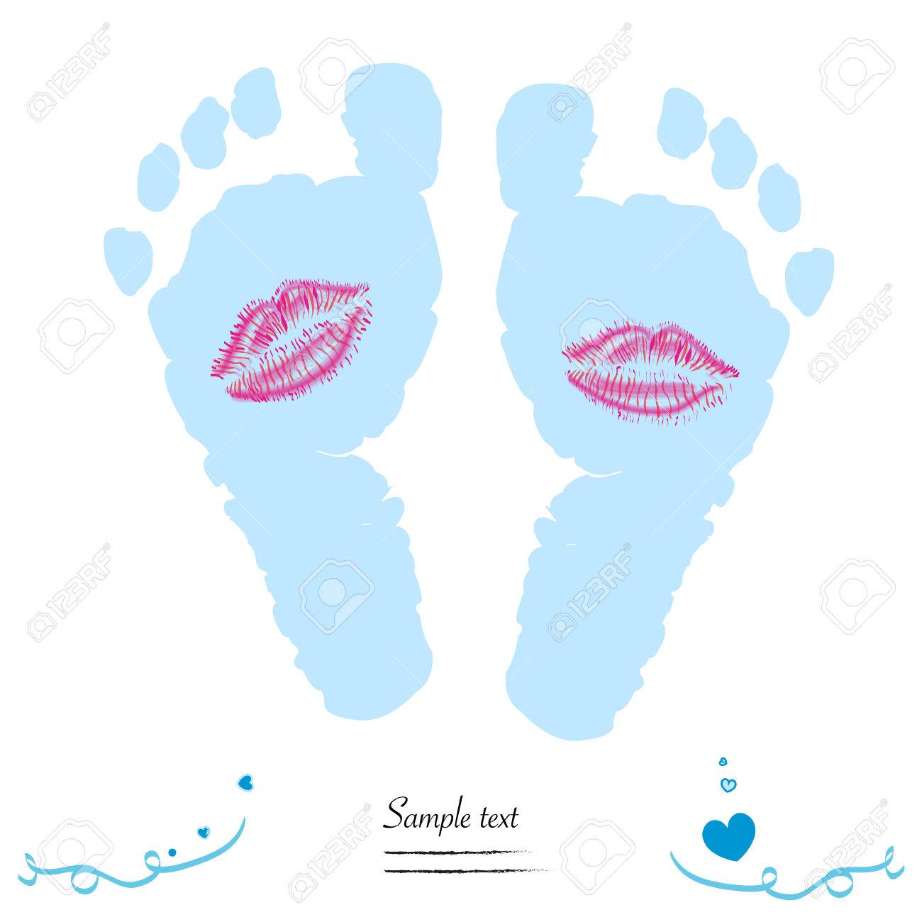 baby boy feet prints with kiss vector baby arrival greeting card