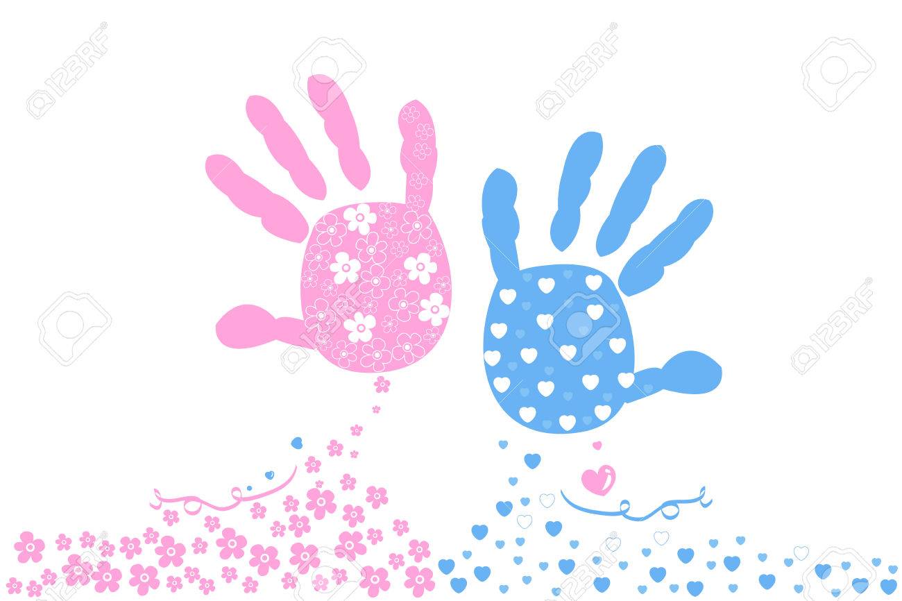 Bebe Gemelo Y Una Nina Impresiones De La Mano Del Bebe Vector Tarjeta De Felicitacion De La Llegada Del Bebe Ilustraciones Vectoriales Clip Art Vectorizado Libre De Derechos Image