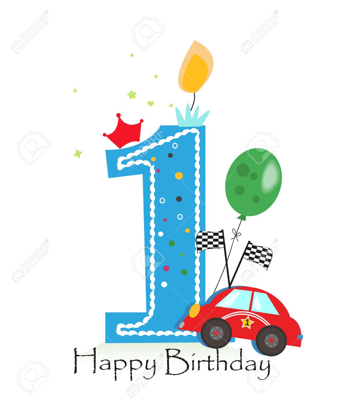 Bonne Premiere Bougie D Anniversaire Bebe Carte Garcon De Voeux Avec Course Vecteur Voiture Illustration Clip Art Libres De Droits Vecteurs Et Illustration Image