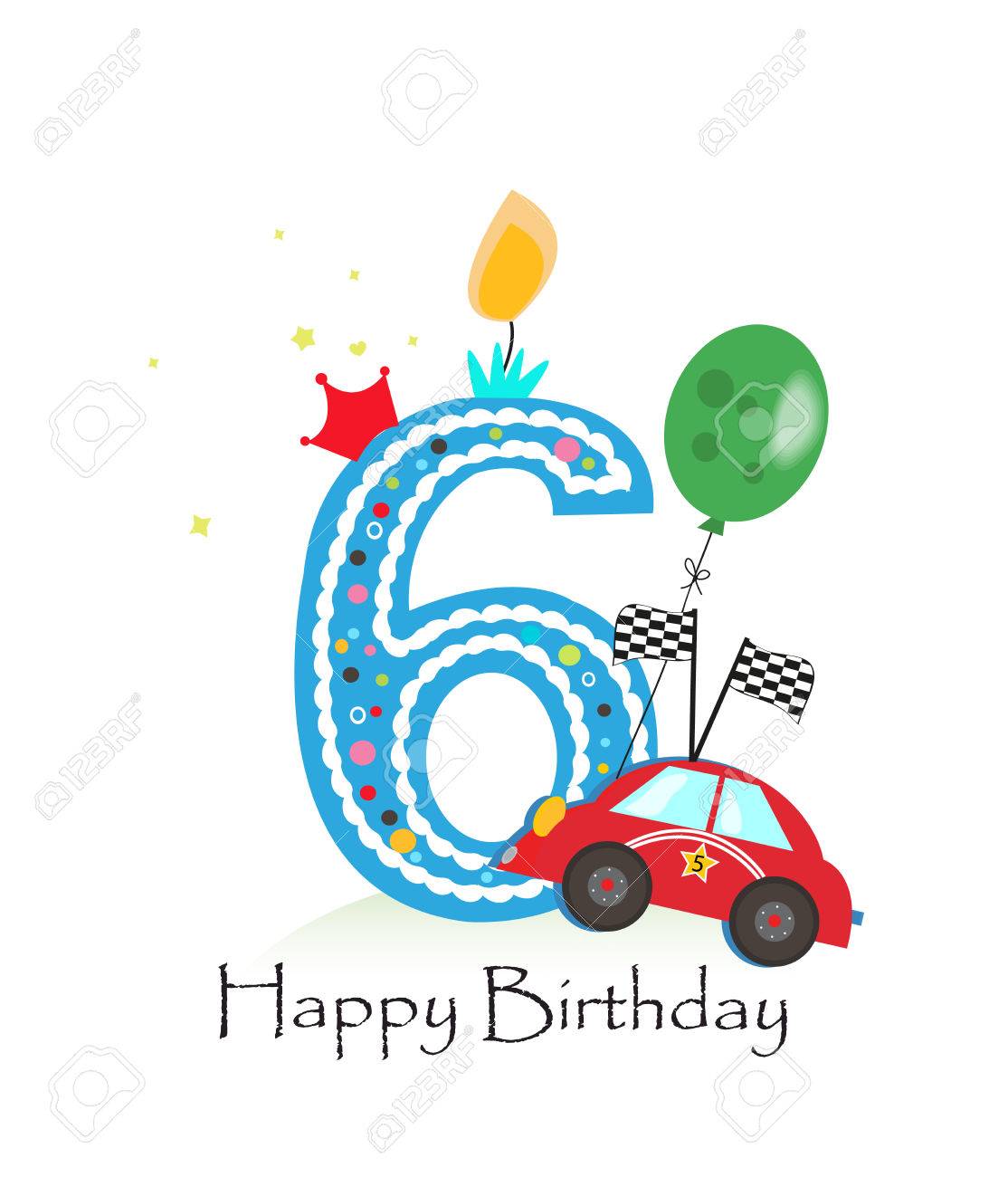 Bonne Sixieme Bougie D Anniversaire Bebe Carte Garcon De Voeux Avec Course Vecteur Voiture Illustration Clip Art Libres De Droits Vecteurs Et Illustration Image