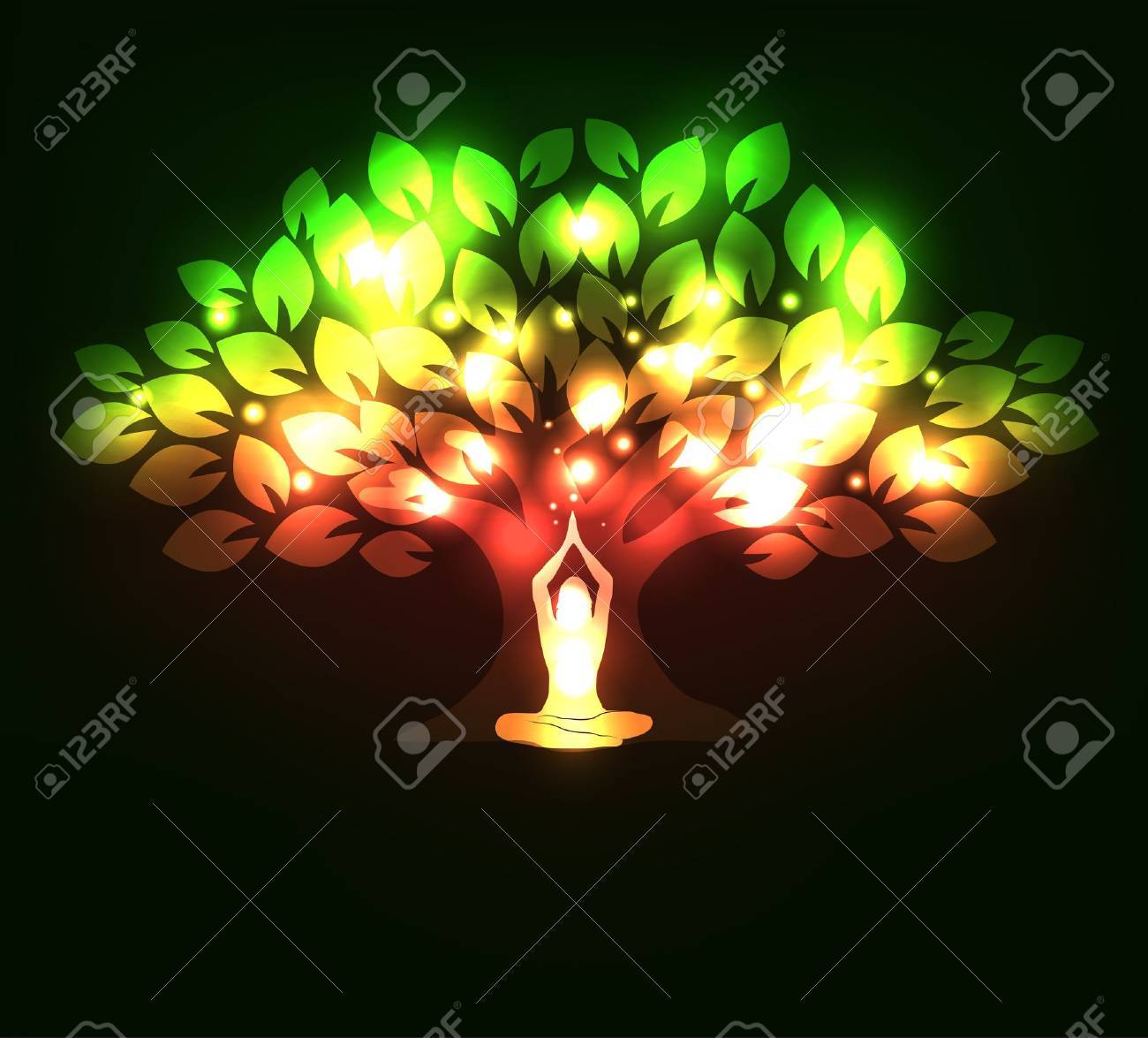Beautiful sparkling tree and woman in yoga pose in the front - 16526245 Beautiful sparkling tree and woman in yoga pose in the front - 16526245