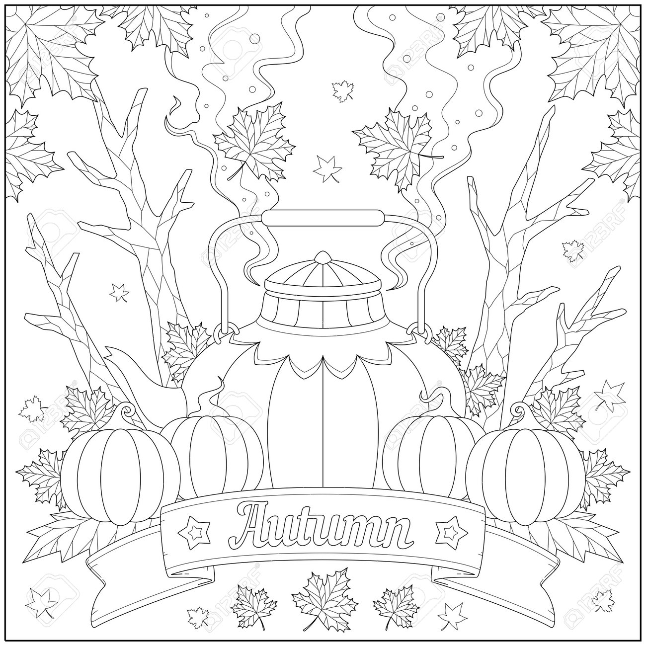 Fantasy And Fancy Autumn Kettle With Pumpkin And Leaves Learning And Education Coloring Page Illustration For Adults And Children Outline Style Black And White Drawing Ilustraciones Vectoriales Clip Art Vectorizado Libre De