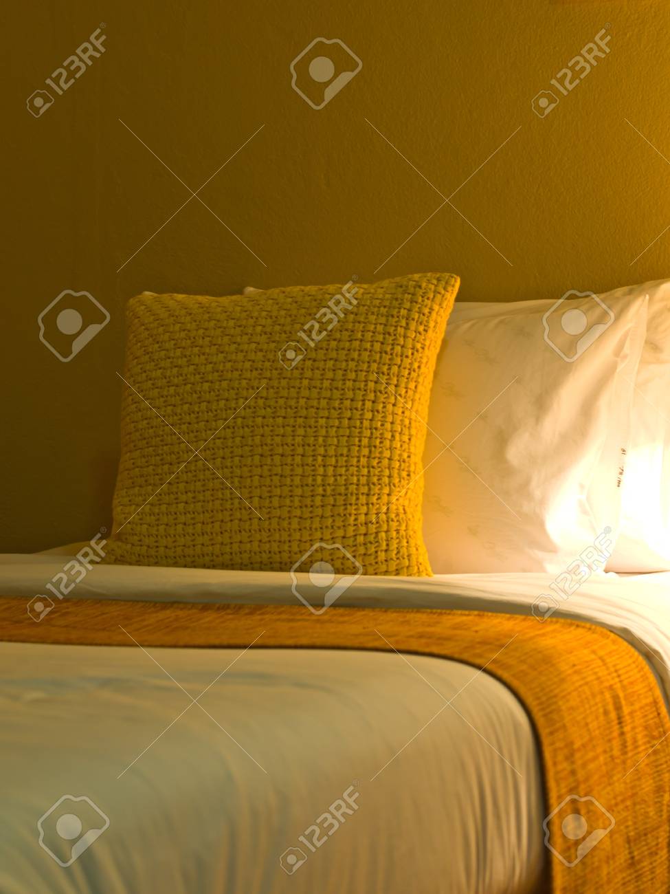 A Design Red Pillow In A Modern Style Bedroom Interior With Warm