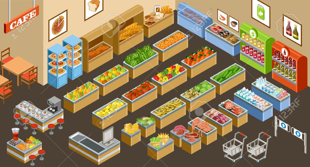 ilustración vectorial de un supermercado venta de frutas verduras