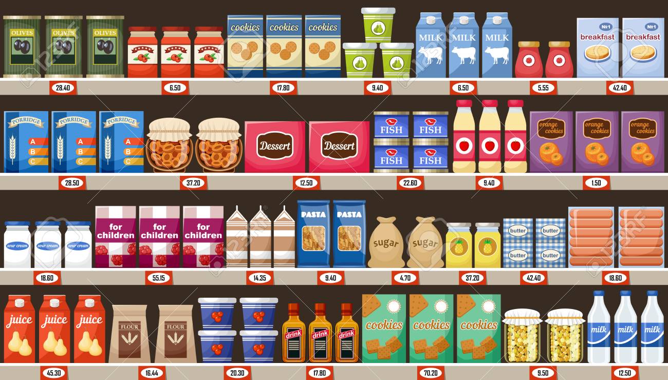 Supermarket Shelves With Products And Drinks Vector Royalty Free Cliparts Vectors And Stock Illustration Image